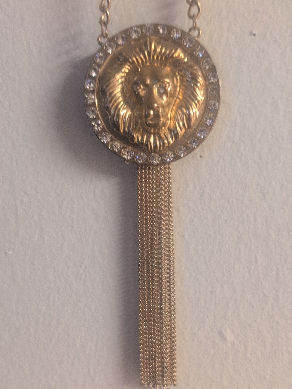 Gold Lion Medallion Tassel Necklace with Rhinestone Halo